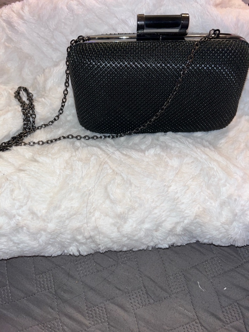 Jessica McClintock Black Rhinestone Embellished Clutch with Chain